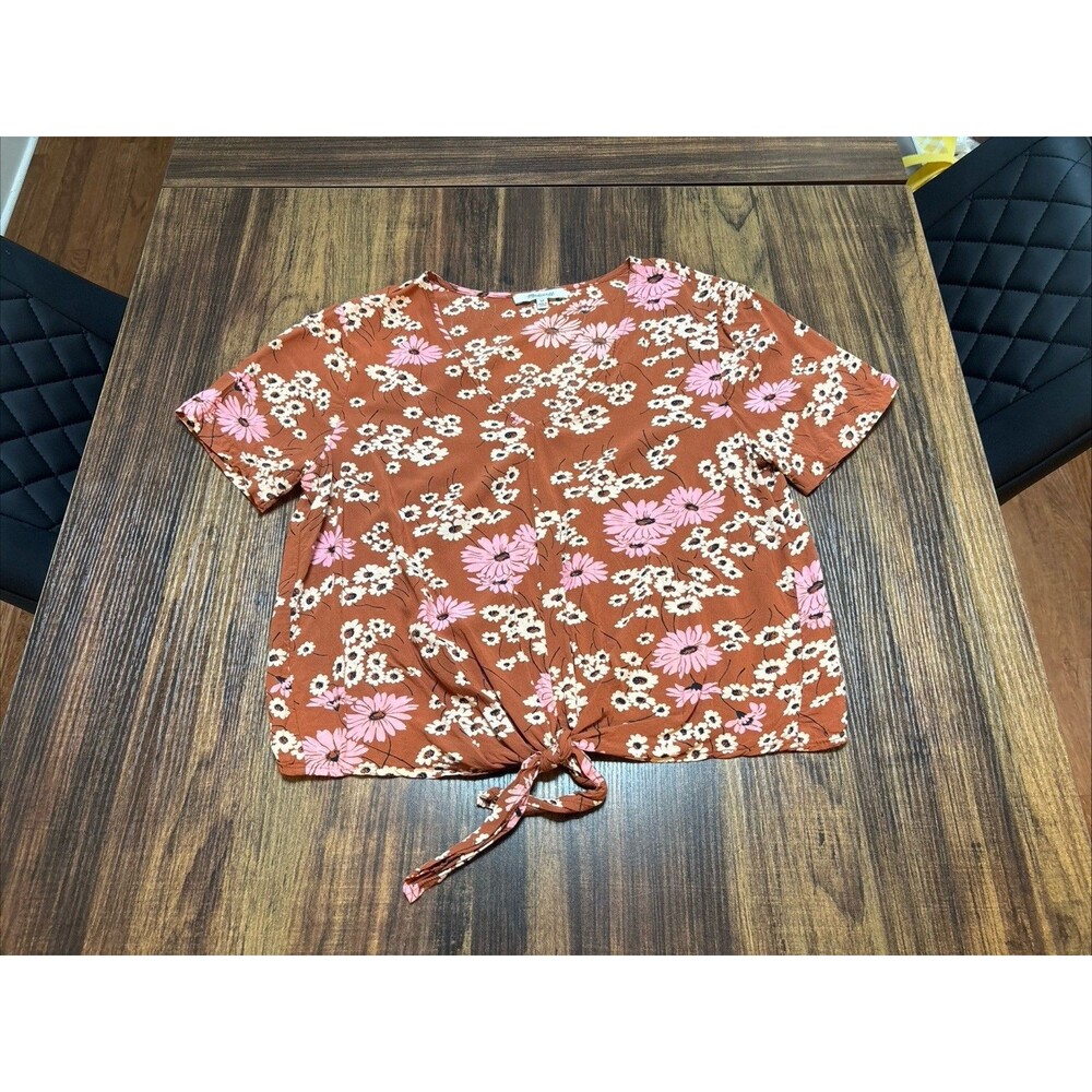 Madewell Novel Tie Front Top in Hillside Daisies Shirt Rust Brown Size s EUC
